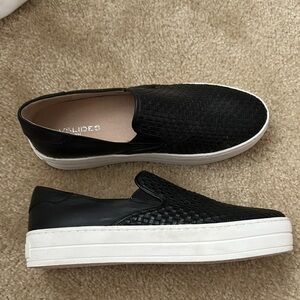 J Slides Black and White Slip-On Sneakers with Platform Sole